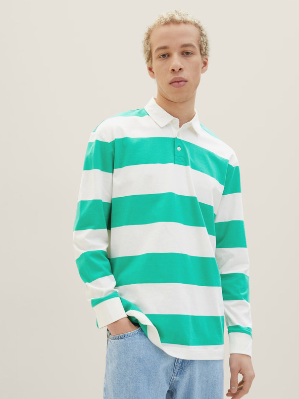 Tom Tailor Denim Bílo-zelené pánské pruhované polo tričko s dlouhým rukávem Tom Tailor Denim
