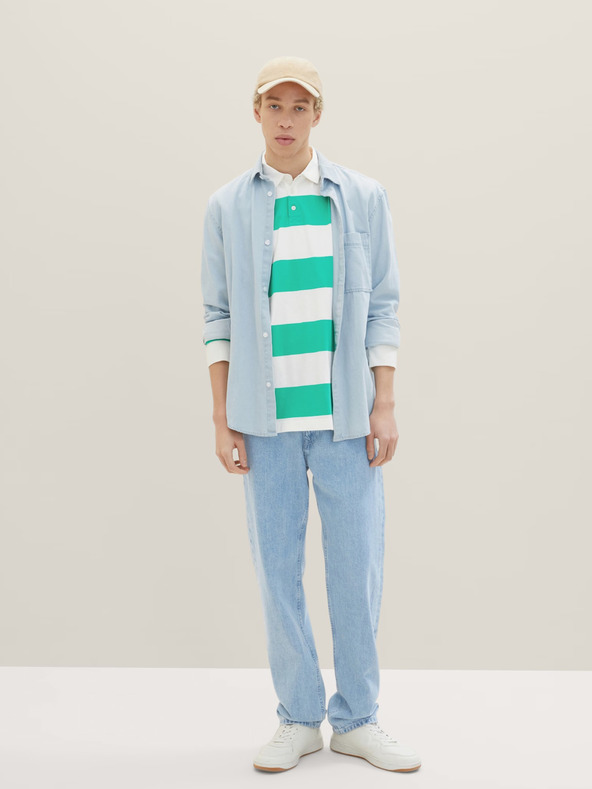 Tom Tailor Denim Bílo-zelené pánské pruhované polo tričko s dlouhým rukávem Tom Tailor Denim
