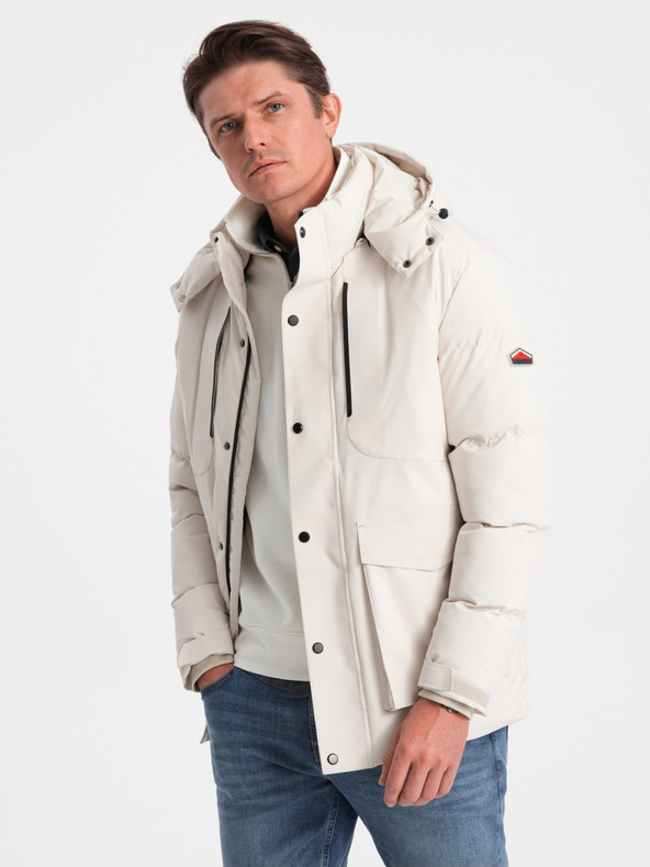 Ombre Clothing Krémová pánská prošívaná zimní bunda s kapucí Ombre Clothing