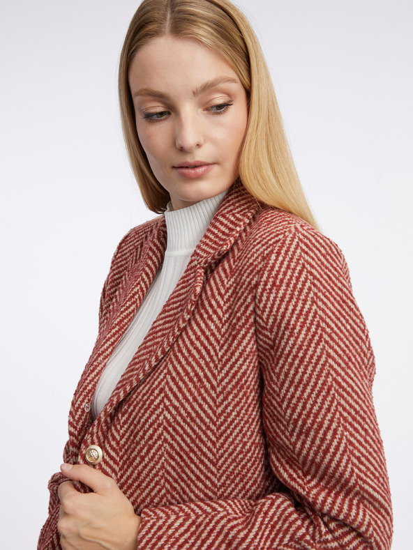 Orsay Červený dámský vzorovaný kabát s umělým kožíškem ORSAY