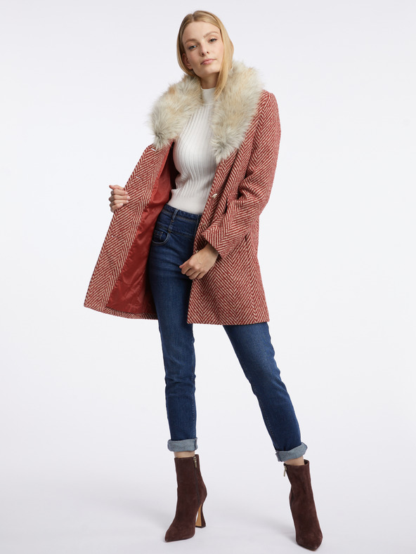 Orsay Červený dámský vzorovaný kabát s umělým kožíškem ORSAY