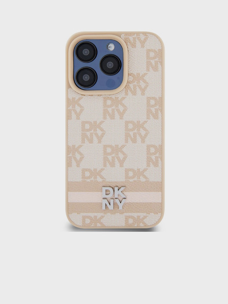 DKNY PU Leather Checkered Pattern and Stripe Zadní Kryt pro iPhone 15 Pro Pink DKNY