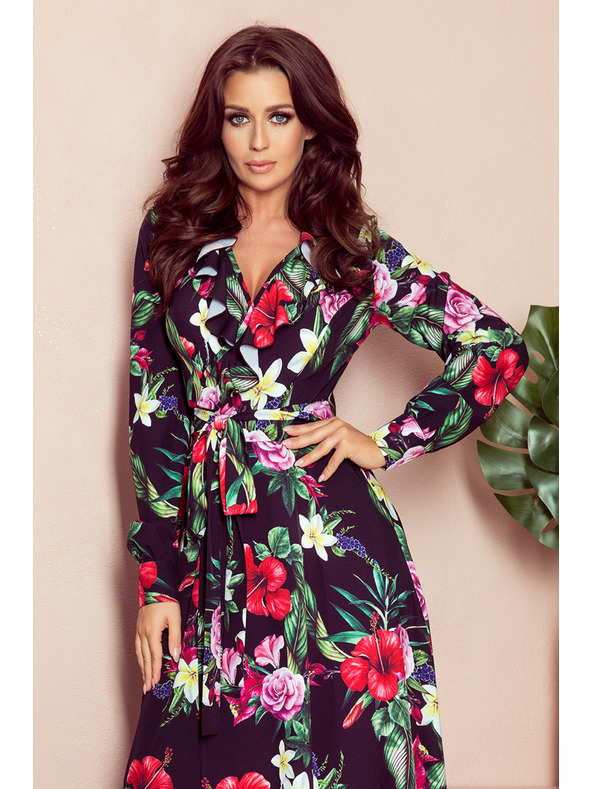 numoco Černé dámské dlouhé květované šaty s volánkem a výstřihem Numoco