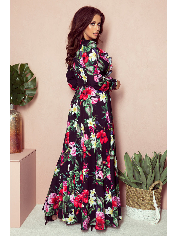 numoco Černé dámské dlouhé květované šaty s volánkem a výstřihem Numoco