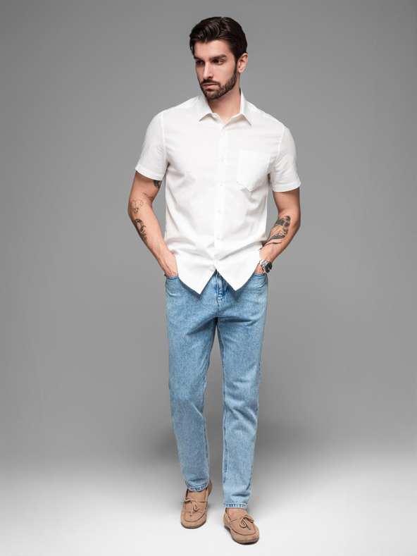 Ombre Clothing Pánská košile s krátkým rukávem a kubánským límcem bílá Ombre Clothing