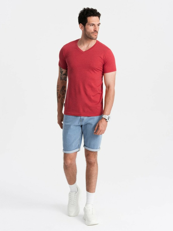 Ombre Clothing Pánské klasické bavlněné tričko BASIC s výstřihem - červený melír V17 OM-TSBS-0145 Ombre Clothing