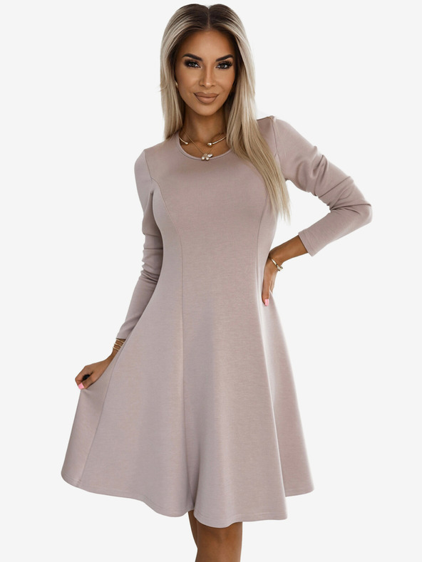 numoco Pohodlné trapézové šaty s dlouhými rukávy - béžové Numoco