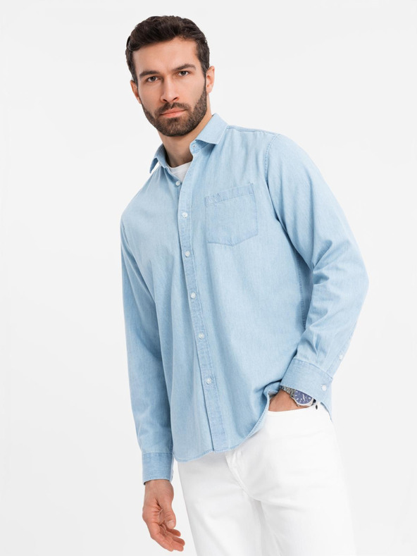 Ombre Clothing Pánská džínová košile s vyšívanou kapsou - světle modrá Ombre Clothing