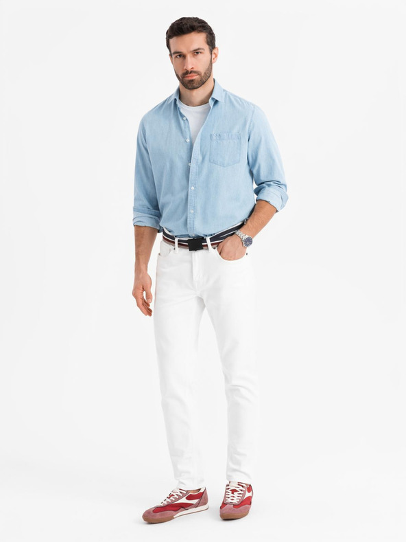 Ombre Clothing Pánská džínová košile s vyšívanou kapsou - světle modrá Ombre Clothing