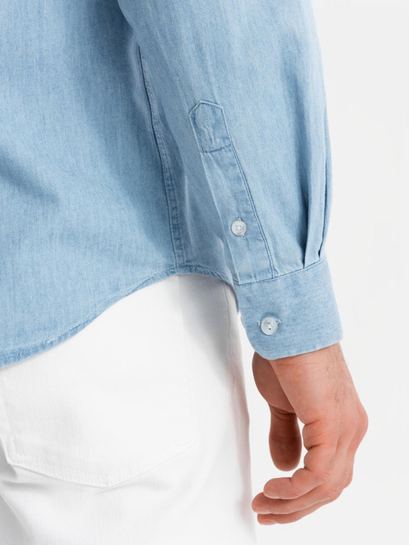 Ombre Clothing Pánská džínová košile s vyšívanou kapsou - světle modrá Ombre Clothing