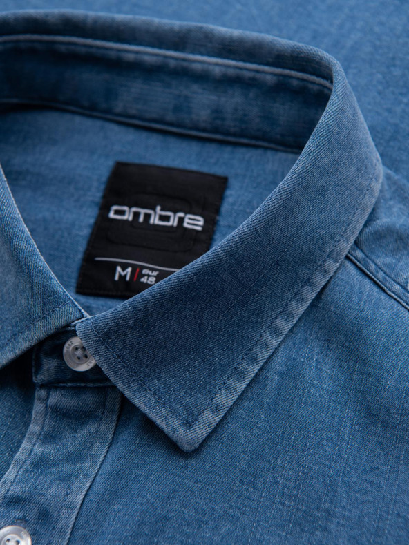 Ombre Clothing Pánská džínová košile s lyocellem a výšivkou na hrudi - modrá Ombre Clothing