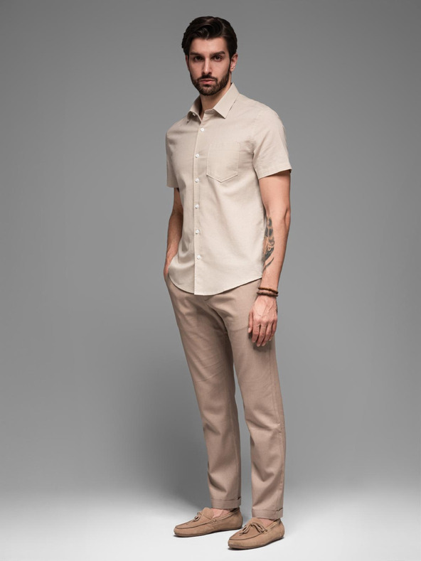 Ombre Clothing Pánská košile s krátkým rukávem a kubánským límcem béžová Ombre Clothing