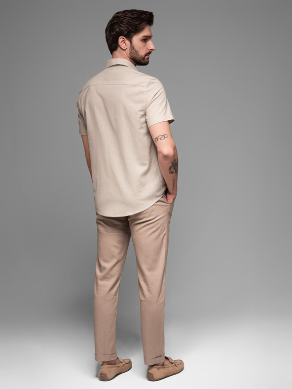 Ombre Clothing Pánská košile s krátkým rukávem a kubánským límcem béžová Ombre Clothing