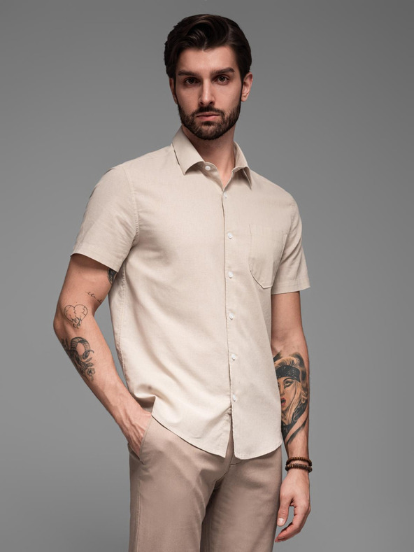 Ombre Clothing Pánská košile s krátkým rukávem a kubánským límcem béžová Ombre Clothing