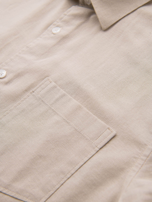 Ombre Clothing Pánská košile s krátkým rukávem a kubánským límcem béžová Ombre Clothing