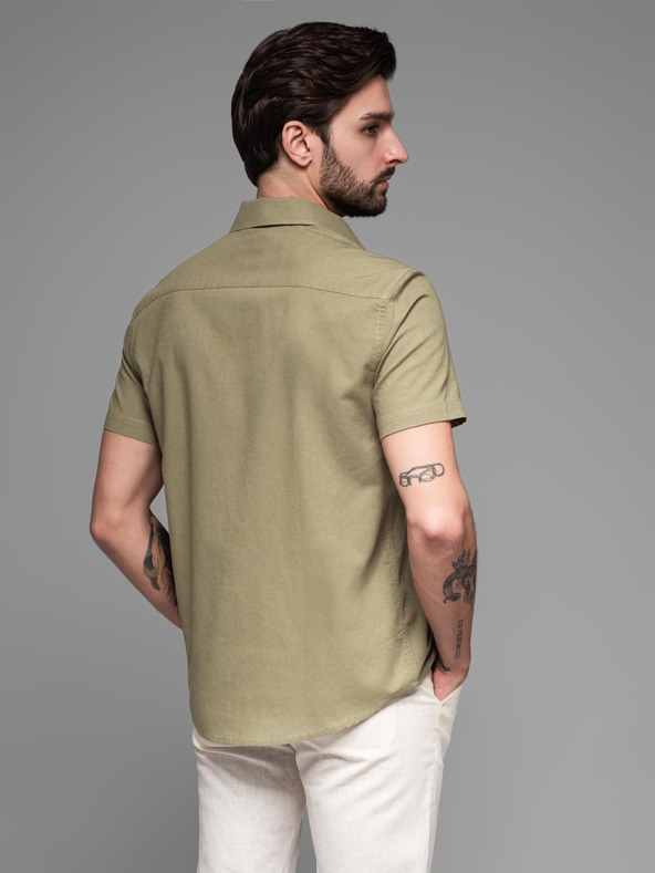 Ombre Clothing Pánská košile s krátkým rukávem a kubánským límcem khaki Ombre Clothing