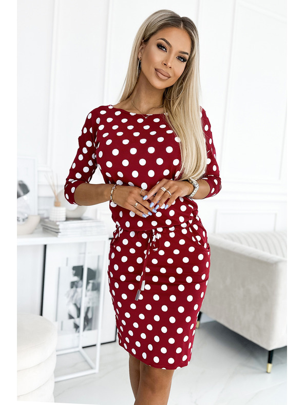 numoco 13-164 Sportovní šaty se vázáním a kapsami - burgundské + puntíky