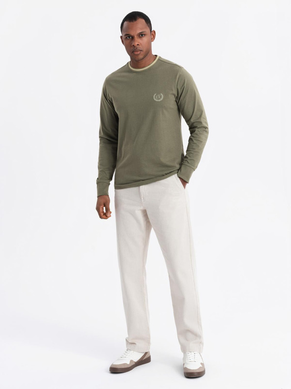 Ombre Clothing Pánské bavlněné tričko s dlouhým rukávem, pruhovaným výstřihem do U a výšivkou Ombre Clothing