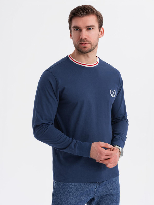 Ombre Clothing Pánské bavlněné tričko s dlouhým rukávem, pruhovaným výstřihem do U a výšivkou Ombre Clothing
