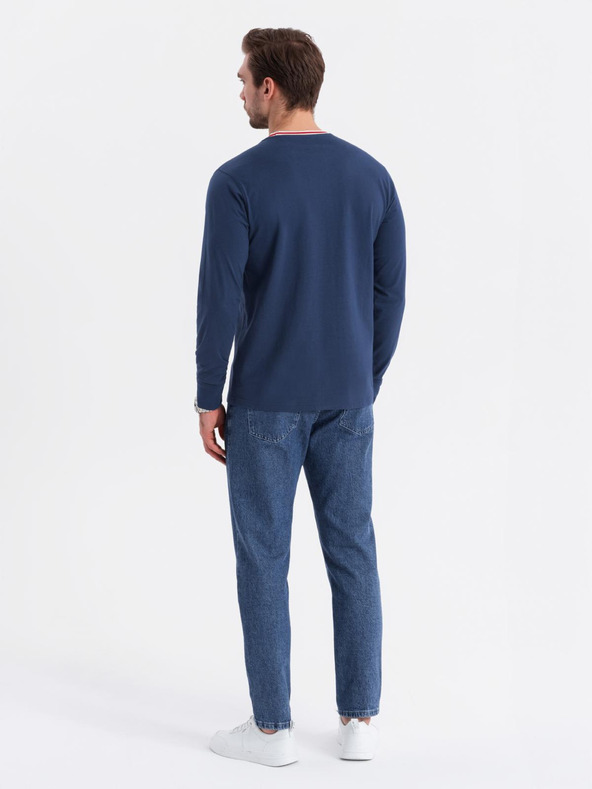 Ombre Clothing Pánské bavlněné tričko s dlouhým rukávem, pruhovaným výstřihem do U a výšivkou Ombre Clothing