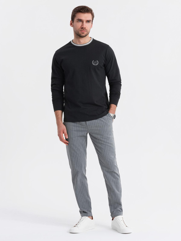 Ombre Clothing Pánské bavlněné tričko s dlouhým rukávem, pruhovaným výstřihem do U a výšivkou Ombre Clothing