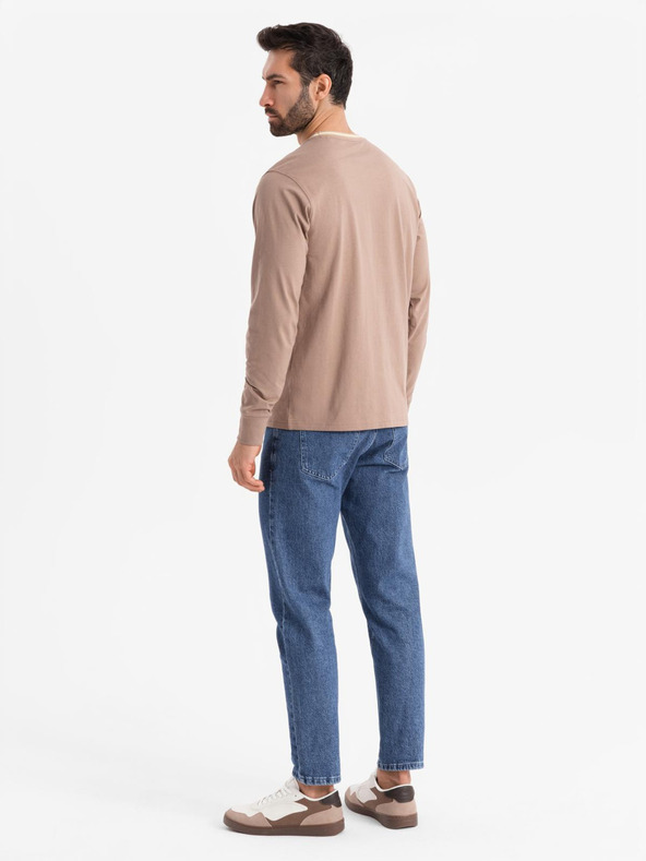 Ombre Clothing Pánské bavlněné tričko s dlouhým rukávem, pruhovaným výstřihem do U a výšivkou Ombre Clothing