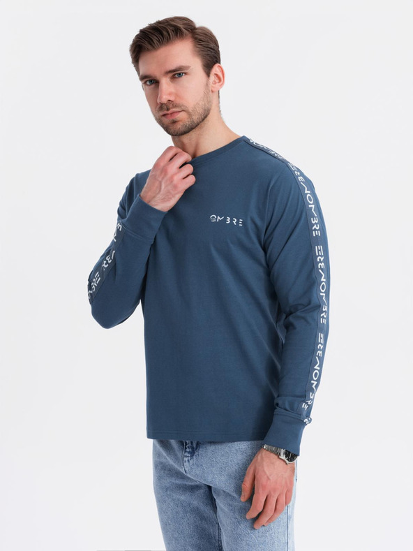 Ombre Clothing Pánské bavlněné tričko s dlouhým rukávem a lemováním a potiskem na hrudi Ombre Clothing
