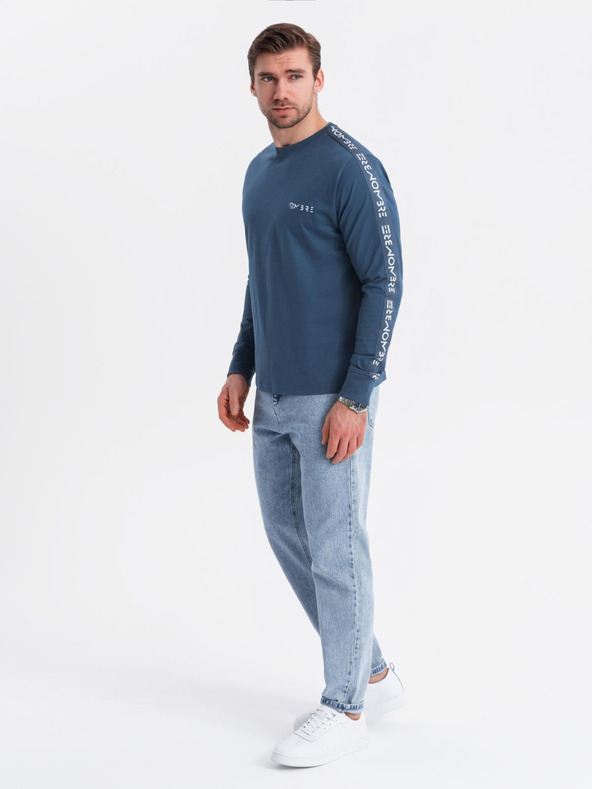 Ombre Clothing Pánské bavlněné tričko s dlouhým rukávem a lemováním a potiskem na hrudi Ombre Clothing