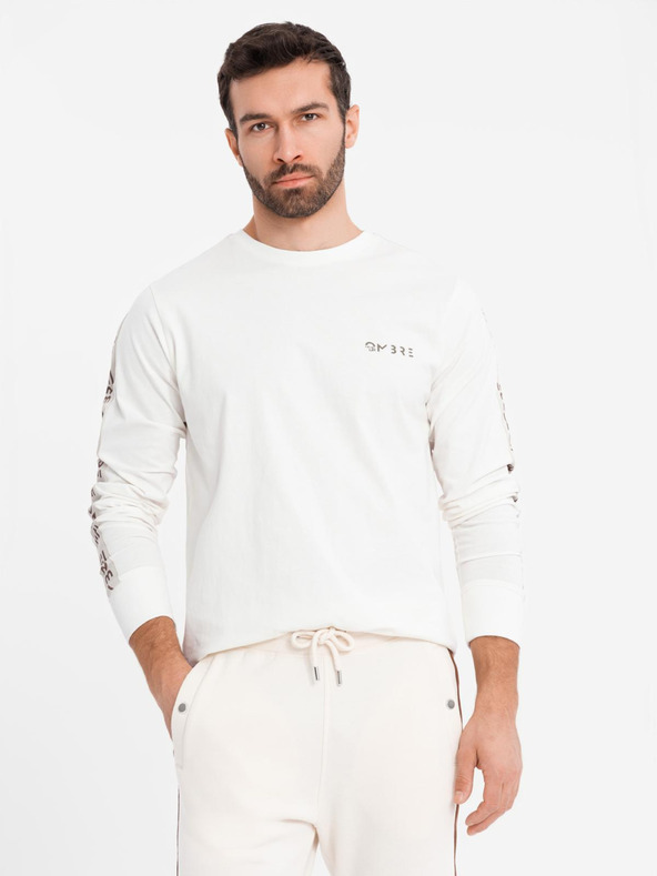 Ombre Clothing Pánské bavlněné tričko s dlouhým rukávem a lemováním a potiskem na hrudi Ombre Clothing