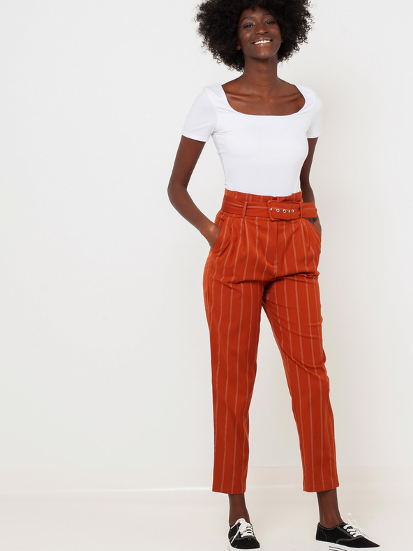 CAMAIEU Oranžové pruhované kalhoty s páskem CAMAIEU