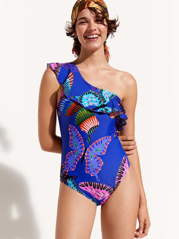 Desigual Modré dámské vzorované jednodílné plavky Desigual Ariel