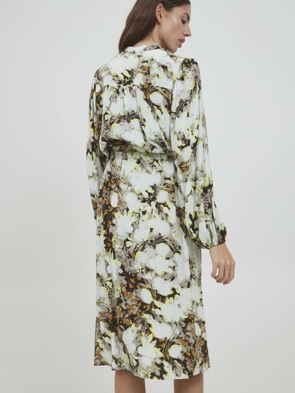 ICHI Hnědo-bílé květované šaty se zavazováním ICHI