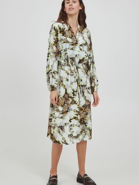 ICHI Hnědo-bílé květované šaty se zavazováním ICHI