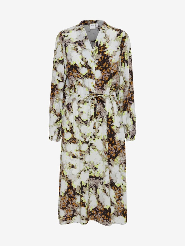 ICHI Hnědo-bílé květované šaty se zavazováním ICHI