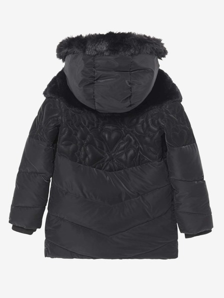 Desigual Černá dívčí vzorovaná zimní bunda s kapucí a umělým kožíškem Desigual Kids Exterior