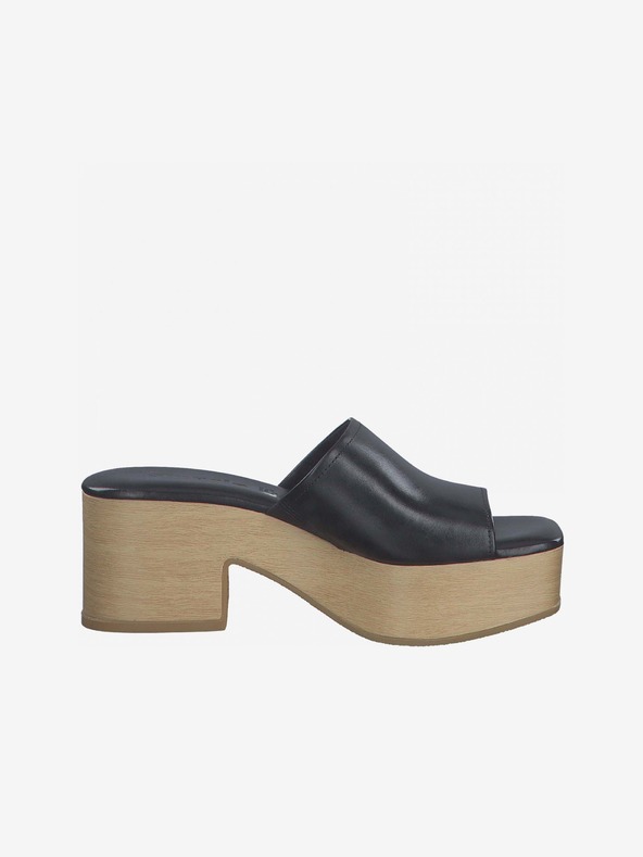 Tamaris Černé kožené pantofle na podpatku Tamaris