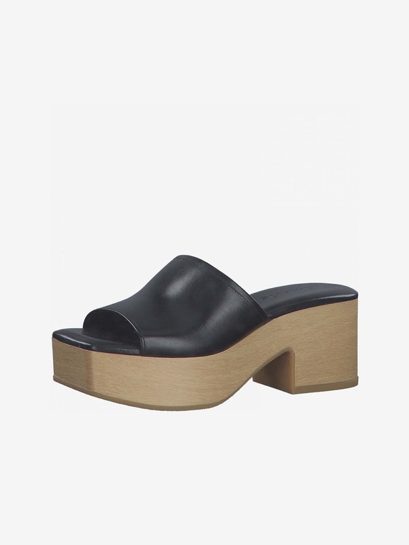 Tamaris Černé kožené pantofle na podpatku Tamaris