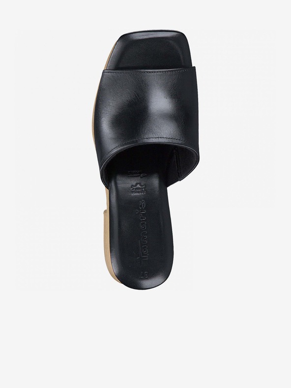 Tamaris Černé kožené pantofle na podpatku Tamaris