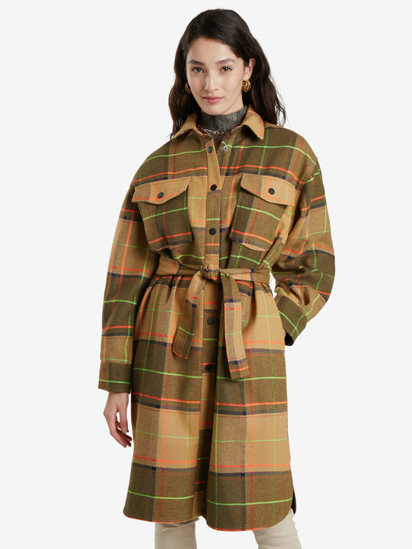Desigual Hnědý dámský kostkovaný kabát Desigual Abrig Checks