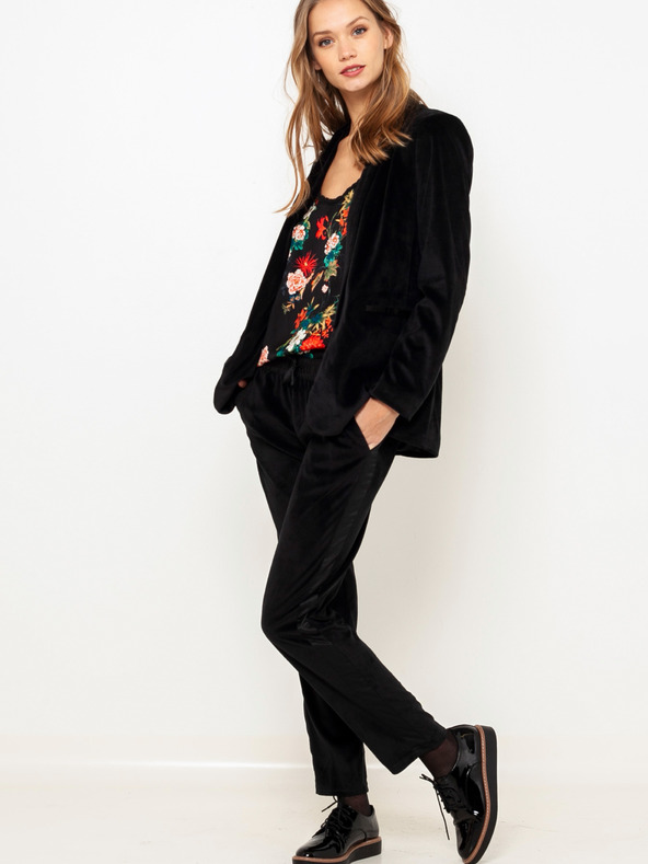 CAMAIEU Černé sametové kalhoty s lampasem CAMAIEU