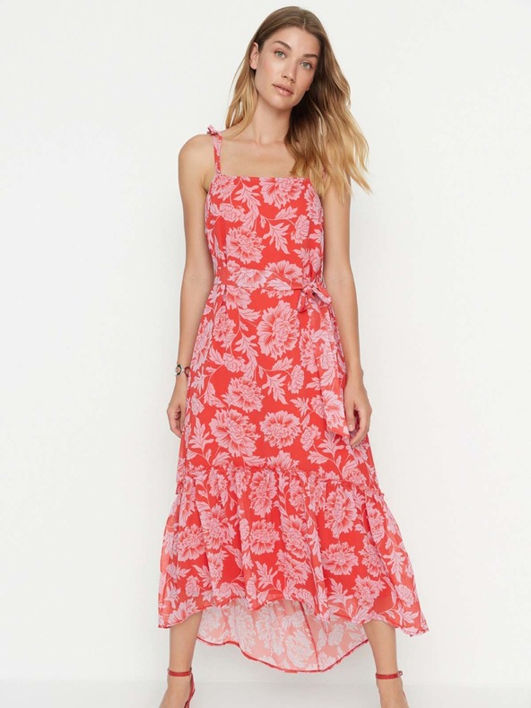 Trendyol Červené květované midišaty na ramínka Trendyol