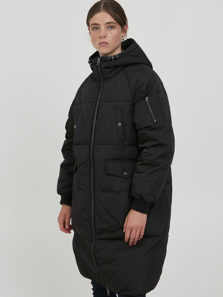 ICHI Černý prošívaný oversize kabát s kapucí ICHI
