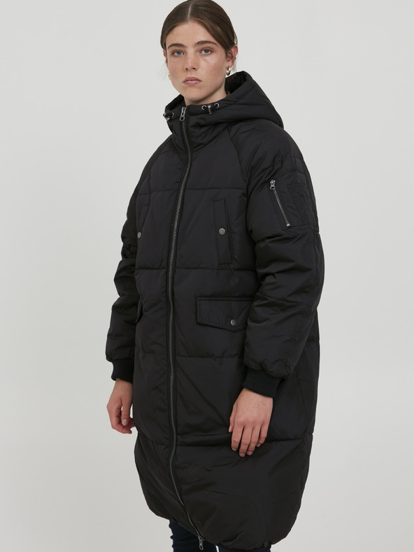 ICHI Černý prošívaný oversize kabát s kapucí ICHI