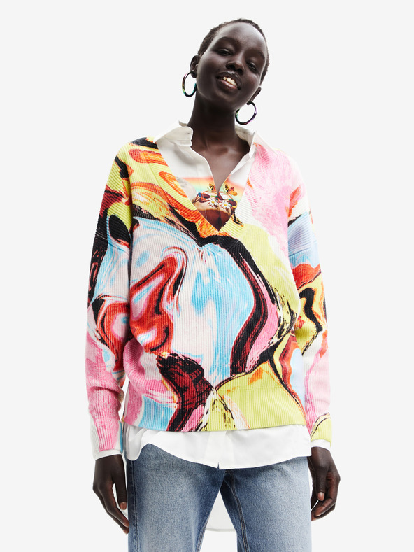Desigual Žluto-růžový dámský vzorovaný svetr Desigual Eugenia