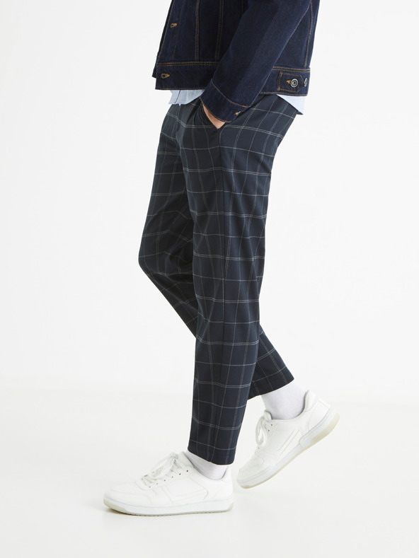 Celio Tmavě modré pánské kostkované zkrácené kalhoty Celio