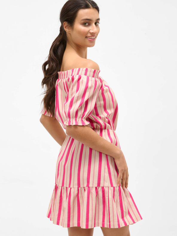 Orsay Růžové pruhované lněné šaty s odhalenými rameny ORSAY