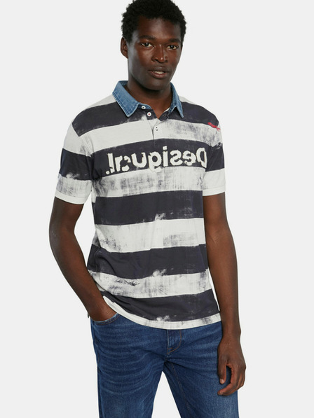 Desigual Černo-bílé pánské pruhované  polo tričko Desigual TS Julien
