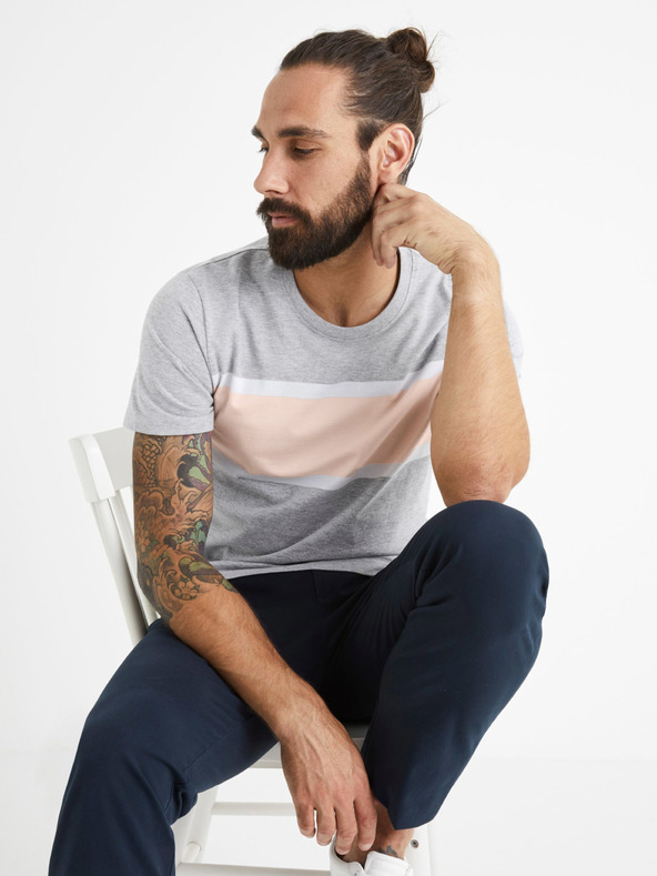 Celio Šedé bavlněné tričko s pruhem Celio Beroad
