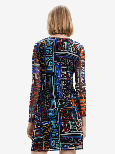 Desigual Modro-černé dámské vzorované pouzdrové minišaty Desigual Lettering
