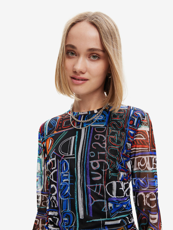 Desigual Modro-černé dámské vzorované pouzdrové minišaty Desigual Lettering